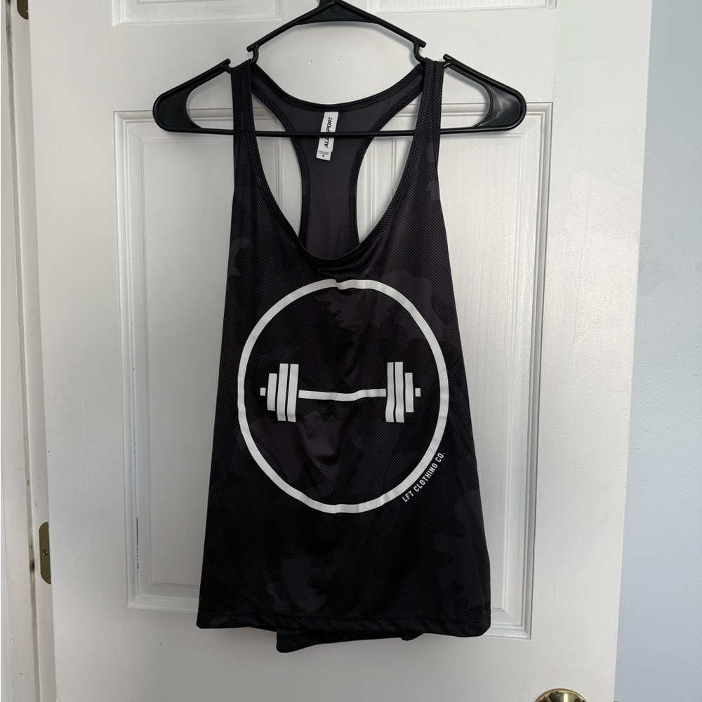 Black Gym Tank Top with White Dumbbell Design
